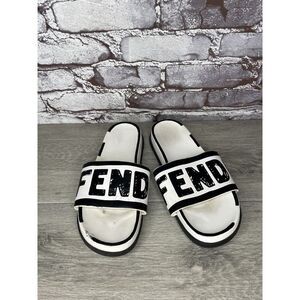 Fendi Joshua Vides Black Leather Logo Mule Slides Flat Sandals Women Sz 39EU